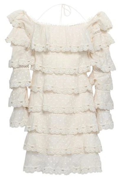 Shop Zimmermann Tiered Swiss-dot Cotton And Silk-blend Halterneck Mini Dress In Ivory