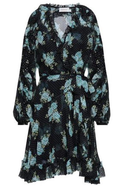 Shop Zimmermann Woman Floral-print Fil Coupé Silk-blend Wrap Mini Dress Midnight Blue