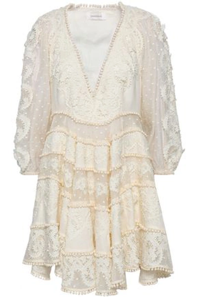 Shop Zimmermann Woman Embroidered Cotton And Silk-blend Mini Dress Cream
