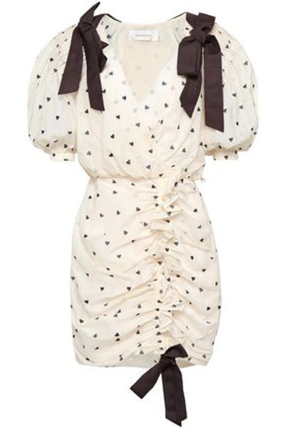 Shop Zimmermann Woman Bow-embellished Ruched Printed Cotton And Silk-blend Mini Dress Cream