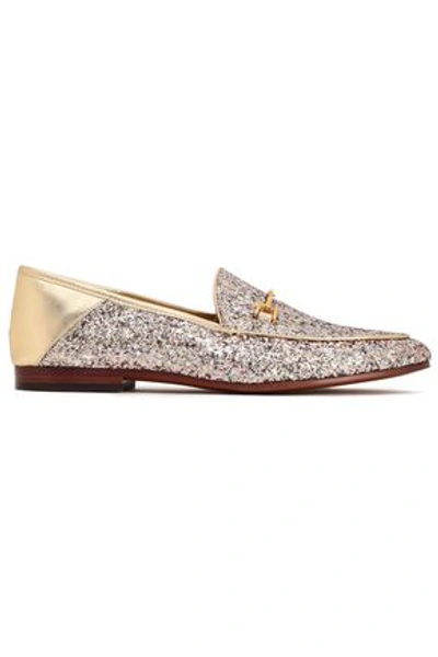 Shop Sam Edelman Woman Glittered Metallic Leather Loafers Platinum