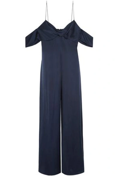 Shop Zimmermann Cold-shoulder Twist-front Washed-silk Jumpsuit In Navy