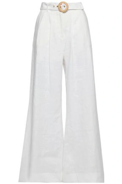 Shop Zimmermann Radiate Belted Linen Wide-leg Pants In Ivory