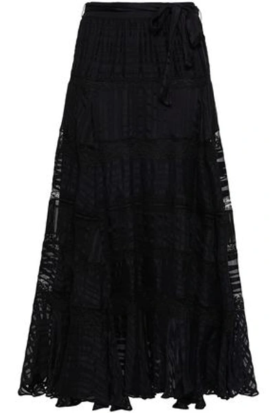 Shop Zimmermann Woman Whitewave Veil Lace-trimmed Striped Silk-georgette Maxi Skirt Black