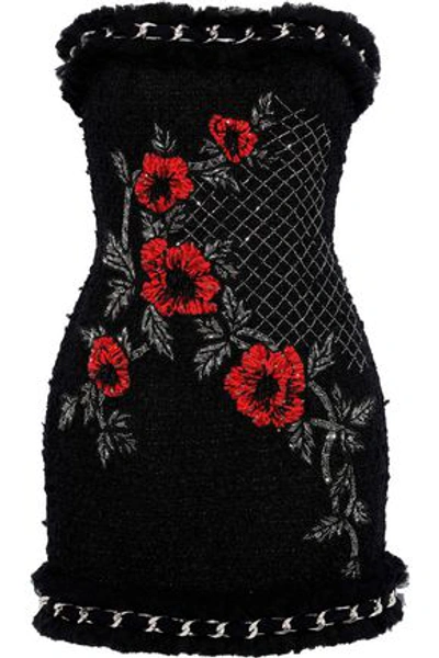Shop Balmain Woman Strapless Embellished Tweed Mini Dress Black