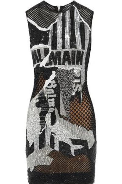 Shop Balmain Embellished Tulle Mini Dress In Black