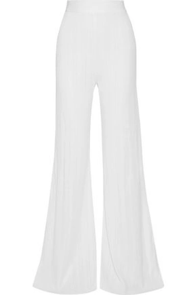 Shop Balmain Ribbed-knit Wide-leg Pants In Ivory