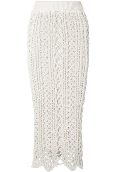 Shop Balmain Scalloped Cotton-blend Macramé Midi Skirt In White