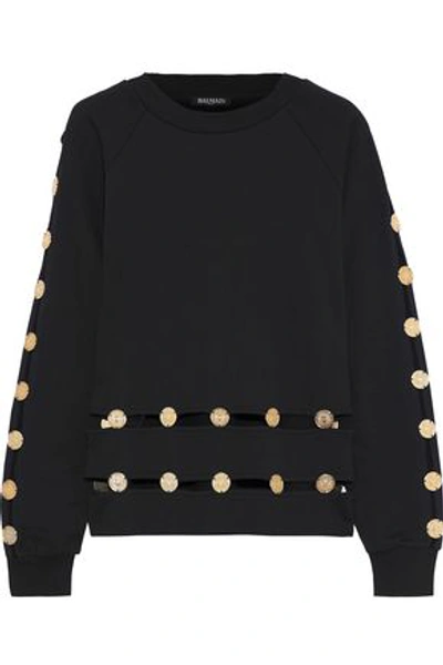 Shop Balmain Woman Button-embellished Cutout French Cotton-terry Sweatshirt Black