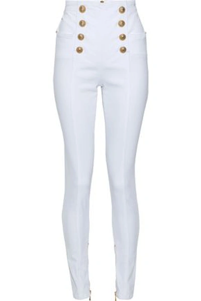 Shop Balmain Button-embellished High-rise Skinny Jeans In White