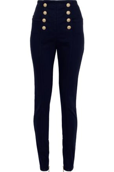 Shop Balmain Button-embellished High-rise Skinny Jeans In Navy