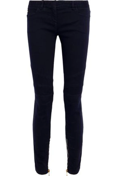 Shop Balmain Zip-detailed Low-rise Skinny Jeans In Navy