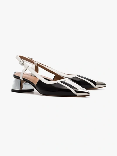 Shop Marni Black And White 40 Stripe Patent Leather Slingback Pumps In Zl754 Black/ White