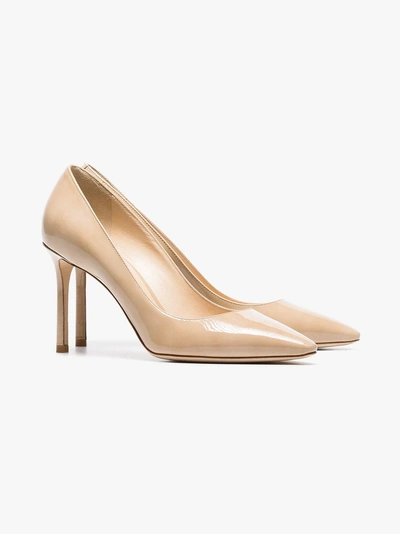 Shop Jimmy Choo Beige Romy 85 Patent Leather Pumps In Neutrals