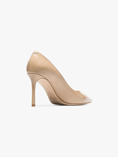 Shop Jimmy Choo Beige Romy 85 Patent Leather Pumps In Neutrals