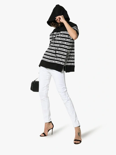 Shop Balmain Stripe Logo Cotton Hoodie In Eab Black White