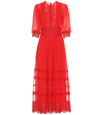 Shop Costarellos Embroidered Silk Dress In Red