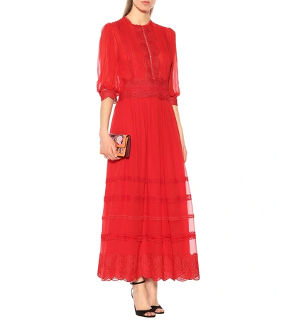 Shop Costarellos Embroidered Silk Dress In Red