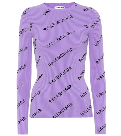 Shop Balenciaga Allover Logo Ribbed-knit Sweater In Purple