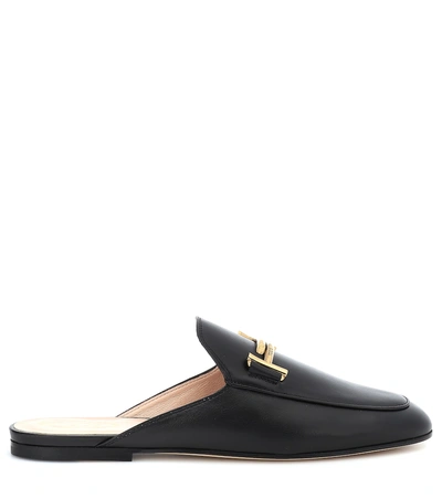 Shop Tod's Double T Leather Slippers In Black