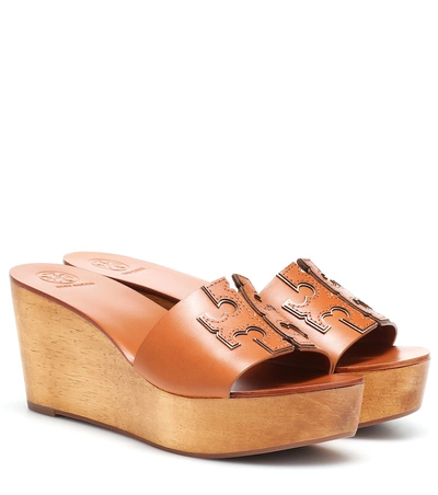 Shop Tory Burch Ines 80mm Leather Wedge Sandals In Brown