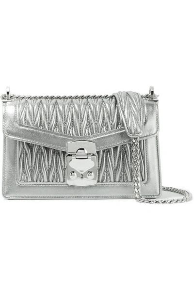 Shop Miu Miu Metallic Matelassé Leather Shoulder Bag In Silver