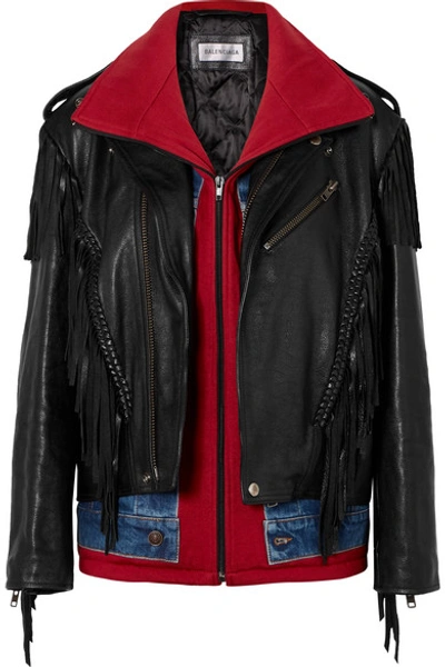 Shop Balenciaga Layered Fringed Leather, Denim And Jersey Biker Jacket