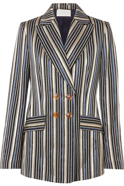 Shop Peter Pilotto Double-breasted Metallic Striped Jacquard Blazer In Gold