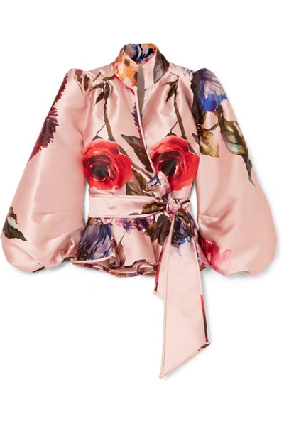 Shop Anna Mason Stella Floral-print Satin Wrap Blouse In Pink