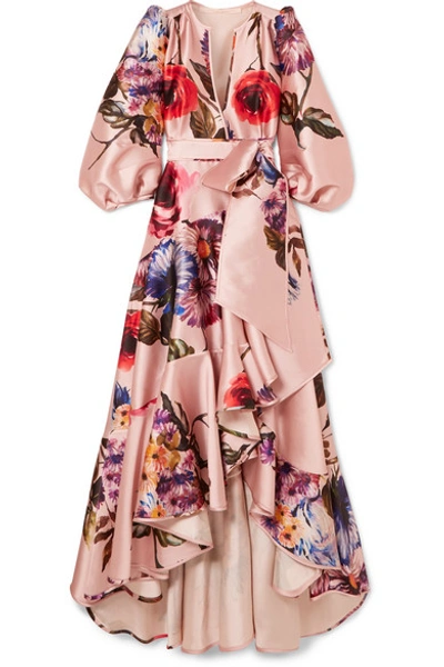 Shop Anna Mason Stella Floral-print Satin Wrap Gown In Pink