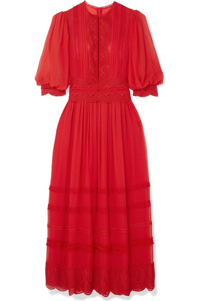 Shop Costarellos Crocheted Lace-trimmed Silk Crepe De Chine Maxi Dress In Red