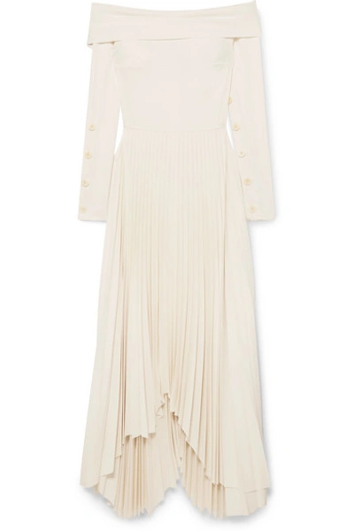 Shop A.w.a.k.e. Off-the-shoulder Pleated Crepe De Chine Maxi Dress In Cream