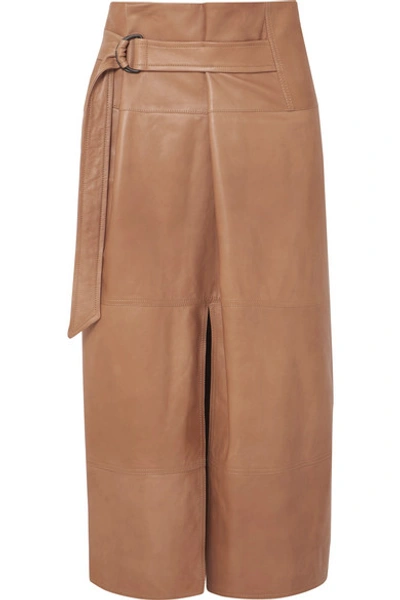 Shop Brunello Cucinelli Belted Leather Midi Skirt In Brown