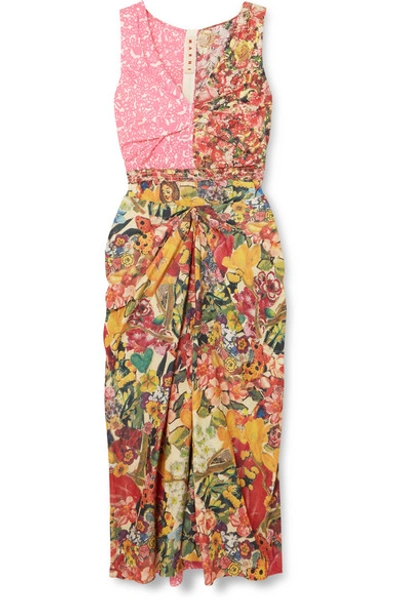 Shop Marni Ruched Floral-print Cotton-poplin Midi Dress In Pink