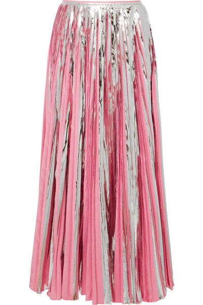 Shop Marni Pleated Metallic Coated-crepe De Chine Midi Skirt In Pink
