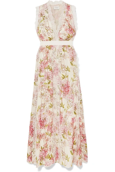 Shop Giambattista Valli Lace-trimmed Floral-print Silk Gown In Ivory