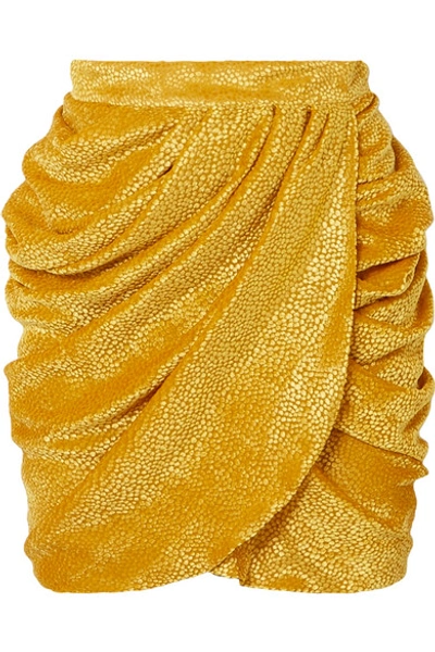 Shop Dundas Draped Devoré-chiffon Wrap-effect Mini Skirt In Yellow