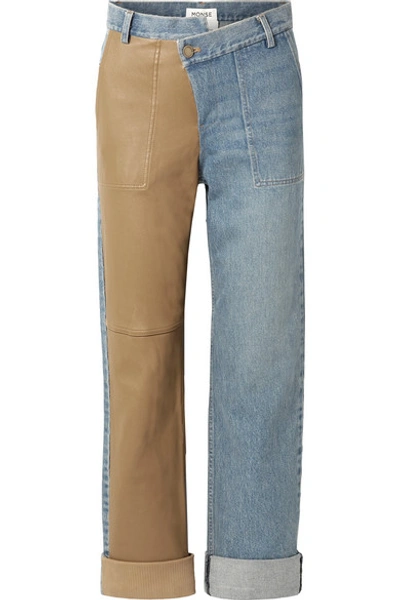 Shop Monse Leather-paneled Mid-rise Straight-leg Jeans In Blue