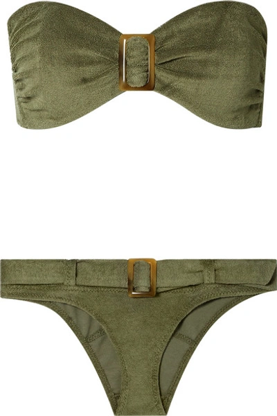 Shop Lisa Marie Fernandez Embellished Cotton-blend Terry Bandeau Bikini In Army Green
