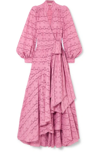 Shop Anna Mason Stella Broderie Anglaise Cotton Wrap Maxi Dress In Pink