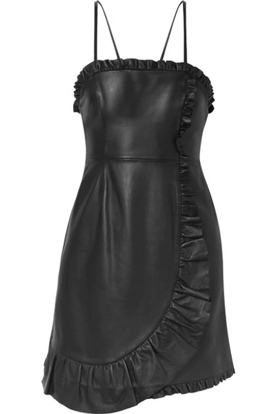 Shop Alexa Chung Wrap-effect Ruffled Leather Mini Dress In Black