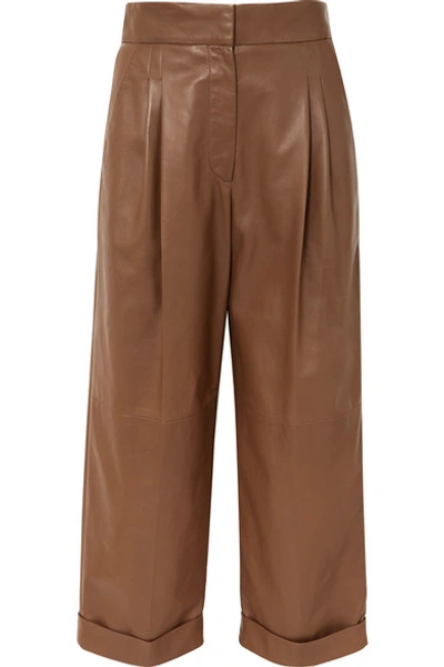 Shop Brunello Cucinelli Cropped Leather Wide-leg Pants In Brown