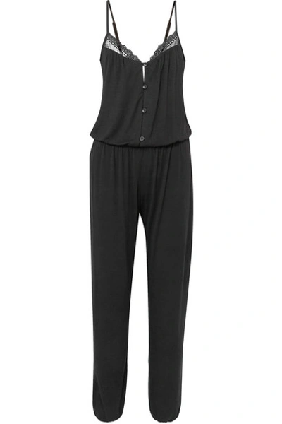 Shop Eberjey Lucie Lace-trimmed Stretch-modal Jersey Jumpsuit In Black