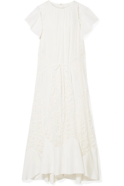 Shop Chloé Asymmetric Lace-paneled Silk Crepe De Chine Midi Dress In Ivory