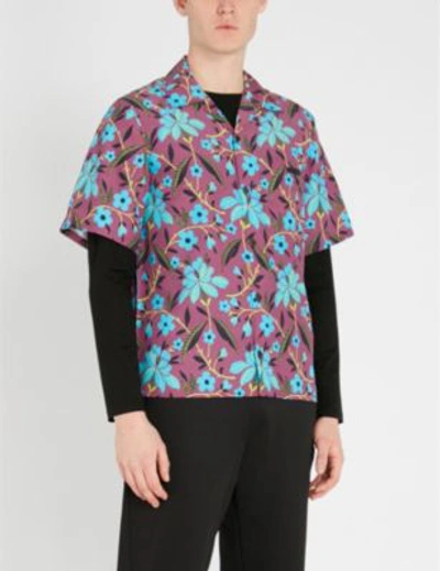 Shop Prada Floral-print Regular-fit Woven Shirt In Amarena