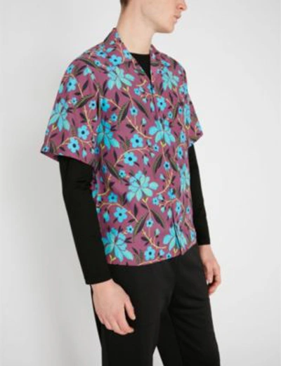 Shop Prada Floral-print Regular-fit Woven Shirt In Amarena