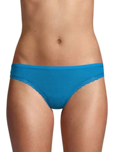 Shop On Gossamer Solid Lace-trimmed Thongs In Deep Topaz