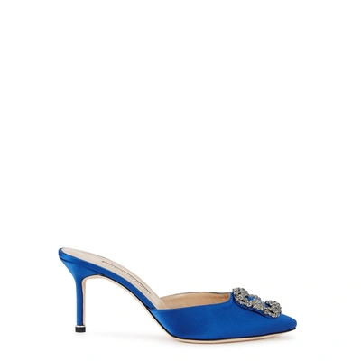 Shop Manolo Blahnik Hangisi 70 Blue Satin Mules