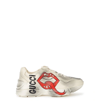 Shop Gucci Rython Ecru Distressed Leather Sneakers In White