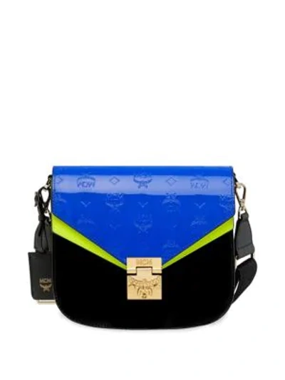 Shop Mcm Small Patricia Monogram Leather Shoulder Bag In Neon Cobalt